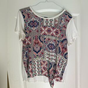 Lee Patterned Women's Top - White, Red, Blue boho side tie